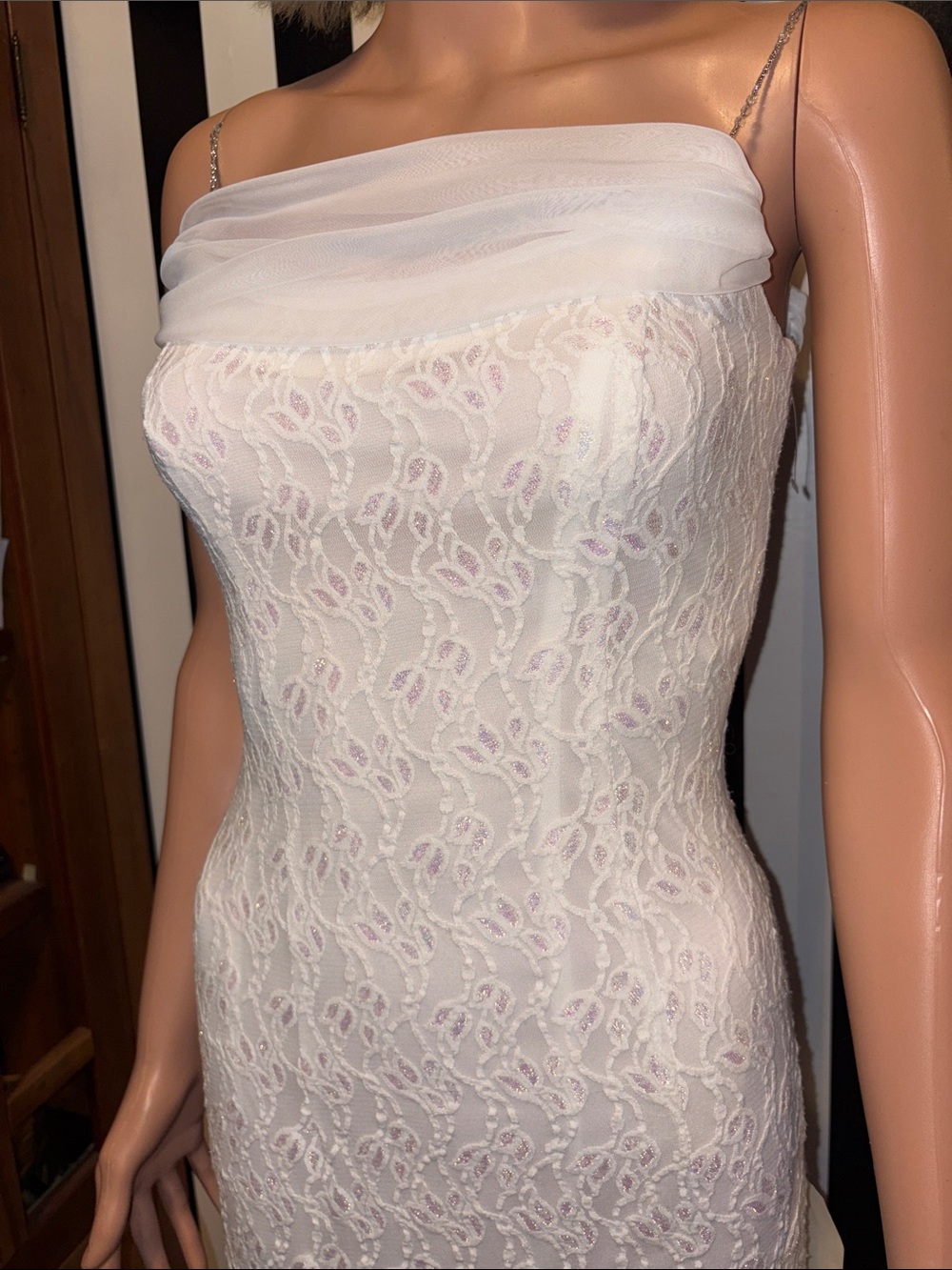 Y2K Wedding Dress Lace Column Long Gown Sheer Cowl Neck Size 0/2 XS Beaded Strap - Picture 10 of 17